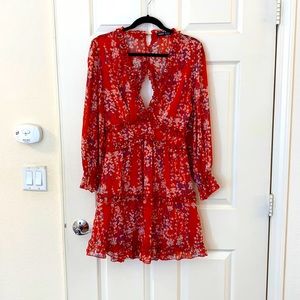 Red floral ruffled cut out dress